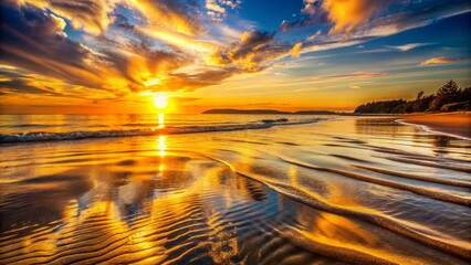 Golden sunset reflections dance across rippling waves as warm light bathes the serene, deserted shoreline in peaceful summer tranquility.