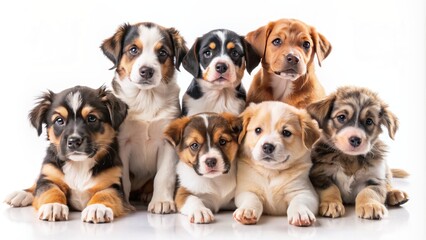 Adorable bunch of playful puppies in different breeds and sizes gathered together on a cozy white background in a mess.