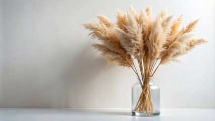 Natural beige pampas grass bouquet arranged artfully in clear vase against pure white background evoking modern eco-friendly home decoration.
