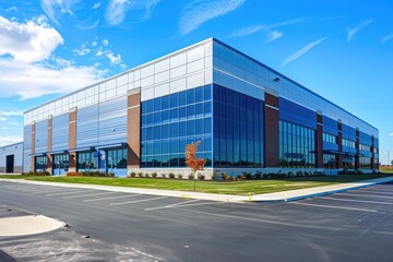 Obraz premium Building With Parking Lot. Modern Commercial Architecture with Blue Brick Exterior