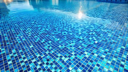 Serenely lit blue mosaic tiles adorn the floor of a crystal clear water filled swimming pool on a sunny day.