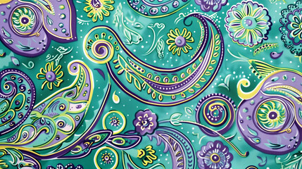 Paisley India Flower Ornament Illustration Pattern Background Wallpaper (Green Teal and Purple). Fabric Style Design 
