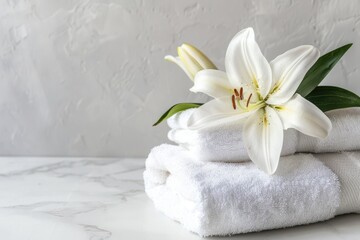 Fresh Linen. Relaxing Towels and Lily Flower on Light Grey Marble Table for Home Hygiene and Wellness