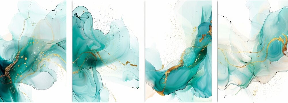 A pastel cyan mint liquid marble watercolor background with gold lines and brush stains. A teal turquoise marbled alcohol ink drawing effect. A modern illustration backdrop, a watercolour wedding