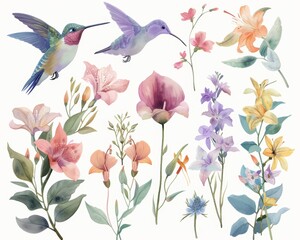 A modern watercolor set of herbs, flowers, and hummingbirds that was hand painted.