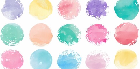 A set of colorful watercolor shapes, stains, circles, and blobs isolated on white.