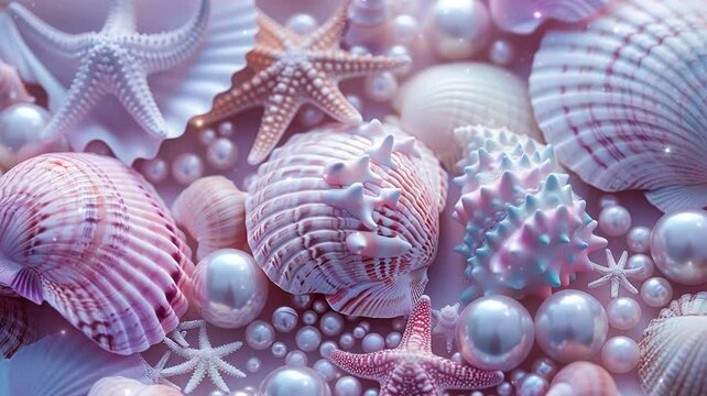 colorful sea shells and starfish in white beach sand background