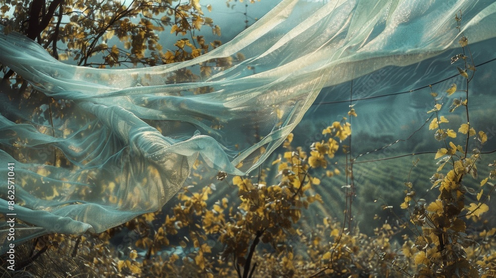 Poster a tapestry of fabric gently swaying in harmony with the vines creating a serene and serene atmospher