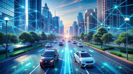 AI-driven autonomous vehicle navigating a smart city with holographic traffic signals, Futuristic, Cool tones, Digital art, High tech