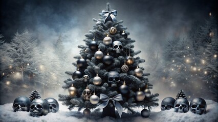 Eerie winter wonderland scene featuring a darkly decorated Christmas tree with black ornaments, silver skulls, and dark ribbons on white background.