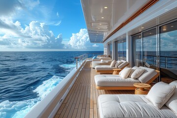 Fototapeta premium A luxurious cruise ship deck with sun loungers, a swimming pool, and an endless view of the ocean.