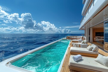 Obraz premium A luxurious cruise ship deck with sun loungers, a swimming pool, and an endless view of the ocean.