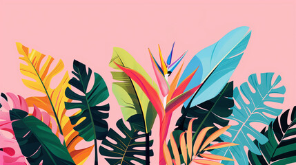 Tropical Illustration on Pink Background. Blossom Floral Summer Retro Style. Background Wallpaper