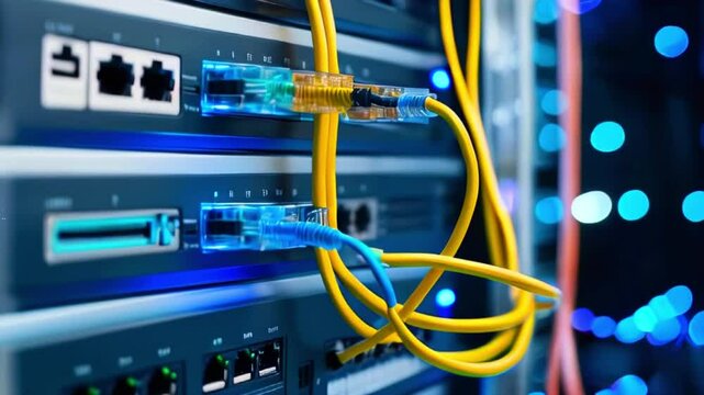 A close up of a server rack with yellow and blue cables plugged into the front.