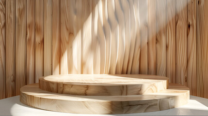 3d rendering of a wooden podium on a pastel background, wooden eco podium for product demonstration,Wooden platform podium product presentation backdrop, Abstract curve podium background 