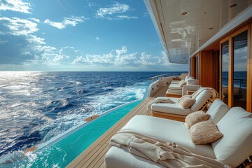 Obraz premium A luxurious cruise ship deck with sun loungers, a swimming pool, and an endless view of the ocean.