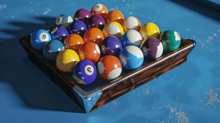 Pool game balls ready to start the game with triangle rack on a blue table