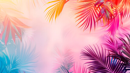 Colorful tropical background with vibrant palm leaves casting shadows on a soft gradient backdrop. Concept: tropical elegance, summer beauty, and exotic nature. Ideal for invitations, social media 