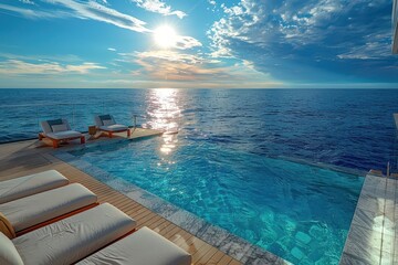 Obraz premium A luxurious cruise ship deck with sun loungers, a swimming pool, and an endless view of the ocean.
