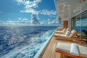 Fototapeta premium A luxurious cruise ship deck with sun loungers, a swimming pool, and an endless view of the ocean.