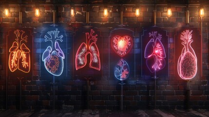 Produce a neon set of medical condition symbols, featuring shimmering