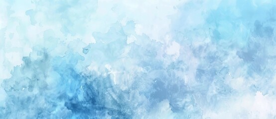 Watercolor background with watercolor stains, ocean blue paper texture, smooth cloudy sky blue background with bright vignette studio banner.