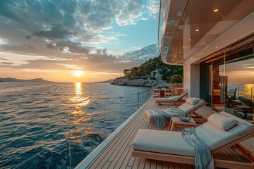Fototapeta premium A luxurious cruise ship deck with sun loungers, a swimming pool, and an endless view of the ocean.