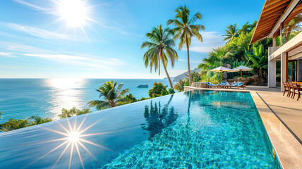 Fototapeta premium Terrace with sunbeds and swimming pool with clear blue water with stunning sea view and sky. Seascape with palms. Summer resort hotel vacation background.