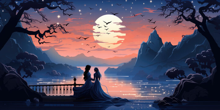 Romantic Tanabata Cowherd and Weaver Girl Magpie Bridge Meeting on the background of the starry night sky, moon. Chinese Valentane's Day, Double Seventh Festival, the Magpie Festival, Qixi festival