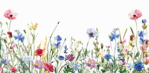 The wild fields of herbs flowers. Wildflowers watercolor collection - bouquets, borders, frames. Illustration of leaves, branches and flowers. Wedding stationery, wallpapers, fashion, and