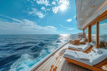 Fototapeta premium A luxurious cruise ship deck with sun loungers, a swimming pool, and an endless view of the ocean.