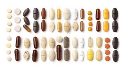 Organized rows of colorful pills and capsules on white background.