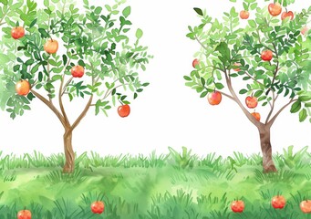 Landscape of a fruit garden drawn in watercolor.