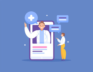 online health consultation concept. a man asks a doctor using a mobile application on a smartphone. chat with a doctor. telemedicine. medical technology. illustration concept design. graphic elements