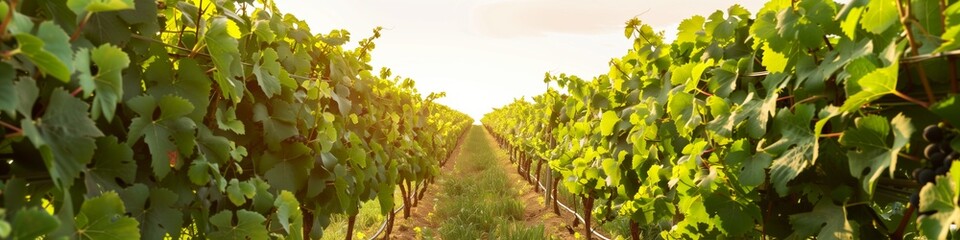 Naklejka premium Scenic summer vineyard with rows of lush green grapevines under a clear sky, perfect for wine-related seasonal messages.