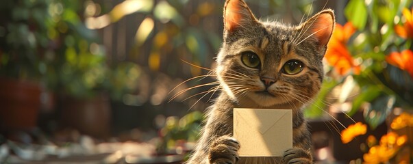 Design a scene featuring a cute cat with a blank card in its paw, ready for a personalized message