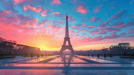 Eiffel Tower at sunrise with a clear, colorful sky