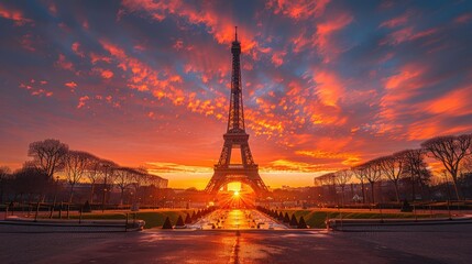 Fototapeta premium Eiffel Tower at sunrise with a clear, colorful sky