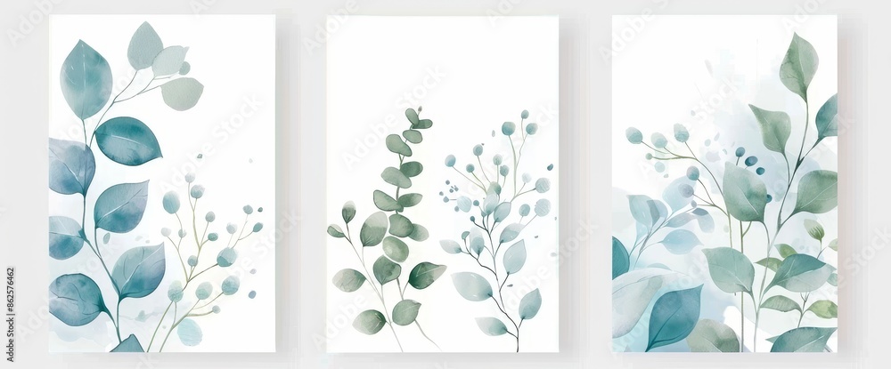 Wall mural watercolor wedding invitations with emerald and gold textures. luxury background and template layout