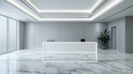 Empty minimalist office with white walls and a single desk