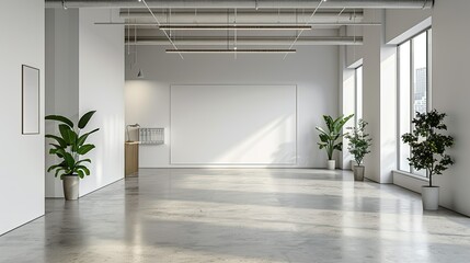 Obraz premium Empty minimalist office with white walls and a single desk