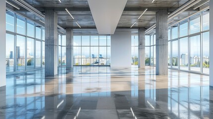 Obraz premium Empty office space with a minimalist design and large windows