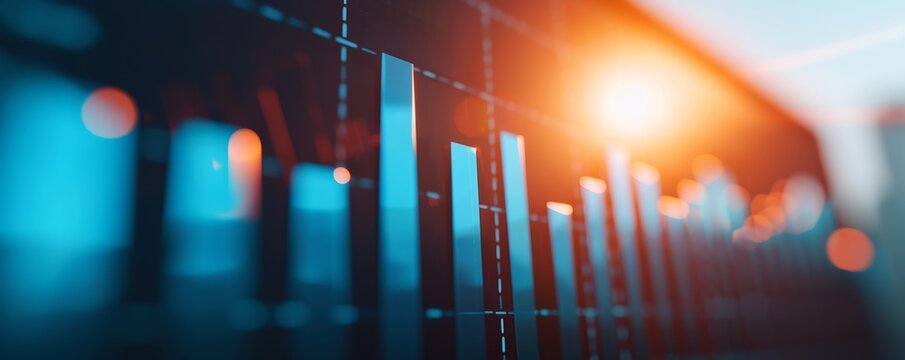 Abstract digital finance background with rising bar chart representing growth, economic analysis, and data visualization.