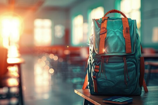 Backpack on a classroom desk in sunlight, depicting the start of a school day and education environment with soft focus.
