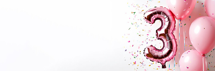 A festive celebration of the third birthday with balloons and confetti in pink pastel tones, an inflatable balloon with the number 3 on a white background. Banner with copy space.