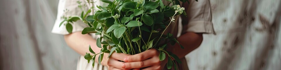 close-up of a woman holding mother purslane flowers in her hands. Selective focus
