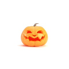 Jack o lantern isolated on white square background for halloween concept. Smiling orange pumpkin backdrop idea, social media template design.