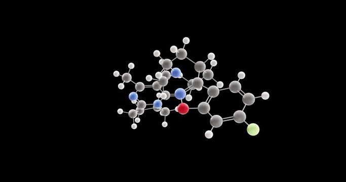 Risperidone molecule, rotating 3D model of atypical antipsychotics, looped video on a black background