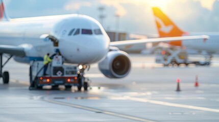Closeup of a fuel truck refilling an airplane on the tarmac, ground crew, refueling process, airport operations