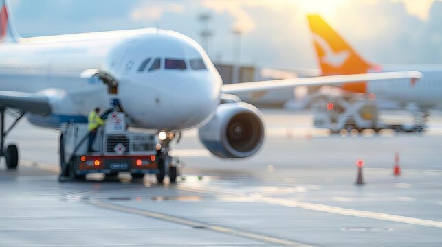 Closeup of a fuel truck refilling an airplane on the tarmac, ground crew, refueling process, airport operations